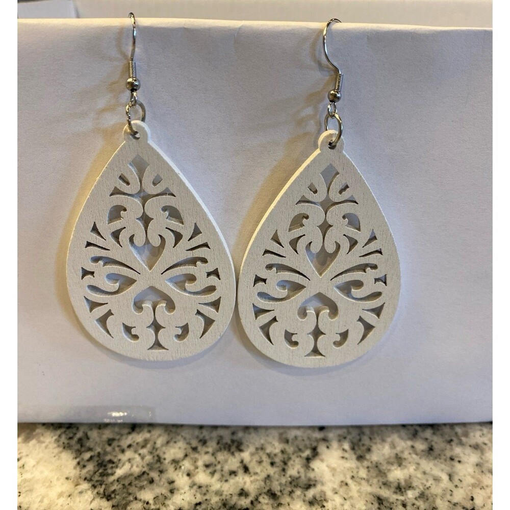 Earrings  Large Teardrop  Wooden Laser Cut White Dangle Boho Hippie Unique